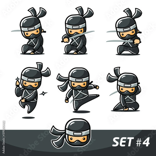 Fototapeta Little cartoon black ninja set 4 with six different actions