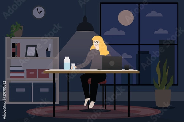 Fototapeta Woman stay home and safe working late until night and light above the table in the working room.