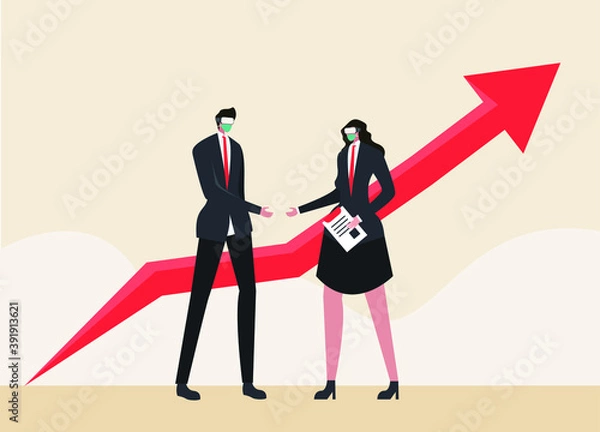 Fototapeta New normal business meeting vector concept: Business people wearing face mask and face shield talking with upward chart background