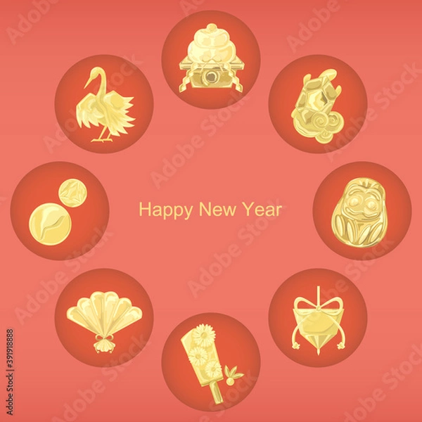Fototapeta 金のお正月縁起物アイコン風イラスト