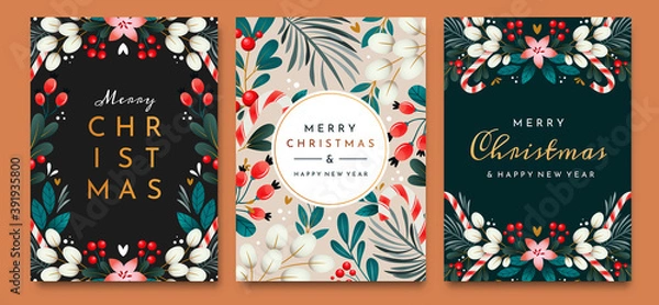 Fototapeta Christmas cards with ornaments of branches, berries and leaves. Set of greeting cards.