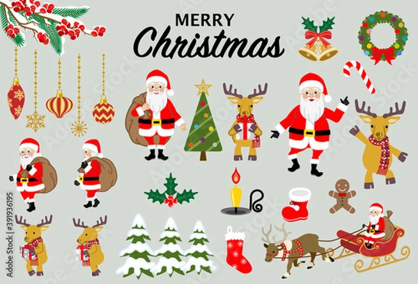 Fototapeta Christmas cartoon icon set - santa claus and reindeer, various ornament