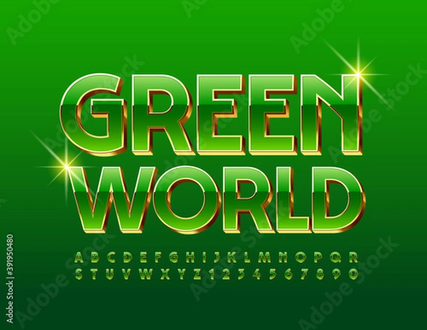 Fototapeta Vector eco banner Green World. Green and Golden stylish Font. Bright 3D Alphabet Letters and Numbers set