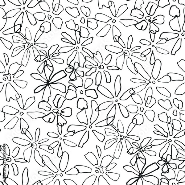 Fototapeta Seamless vector natural organic pattern. Chaotic flowers background. Black and white floral pattern. For fabric, textile, wrapping, cover, web etc. 10 eps design.
