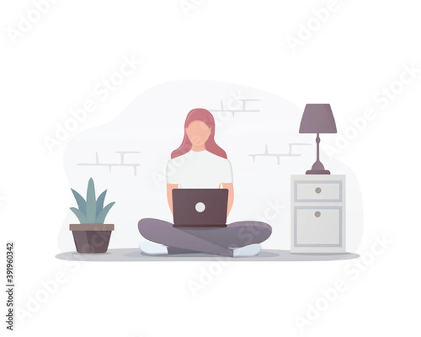 Fototapeta Work and study at home. Flat illustration of workplace. A person with a laptop works sitting on the floor. Isolated on white background. 