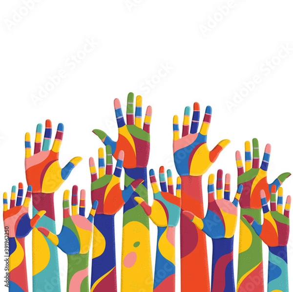 Obraz Colorful up hands. Volunteers. Vector illustration, an association, unity, partners, company, friendship, friends party background. Vector illustration
