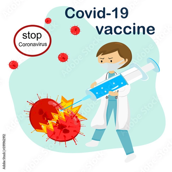 Fototapeta doctor fighting with coronavirus by new vaccine.vector illustration 