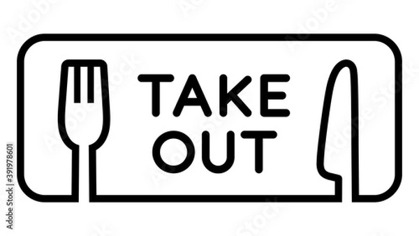 Obraz Fork and knife, rectangular takeout icon. black and white