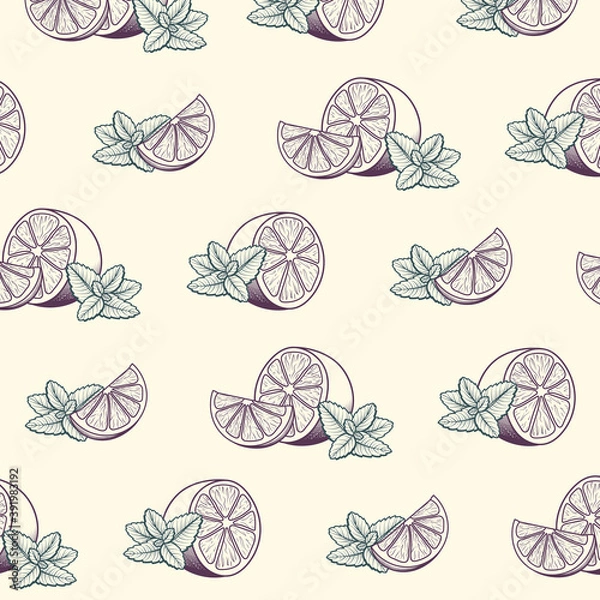 Fototapeta Vintage pattern design with herbal tea ingredients - lemon and mint. Vector seamless background with ink hand drawn lemon and mint.