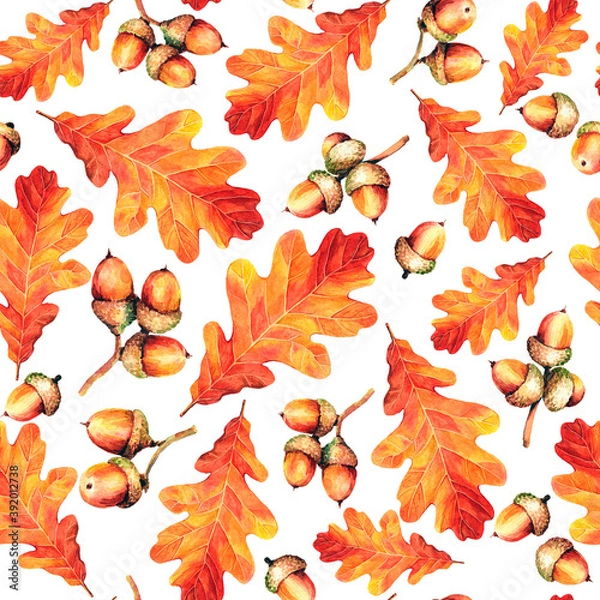 Fototapeta Seamless raster pattern with watercolor autumn oak leaves and acorns. Perfect for greetings, invitations, manufacture wrapping paper, textile, wedding and web design.