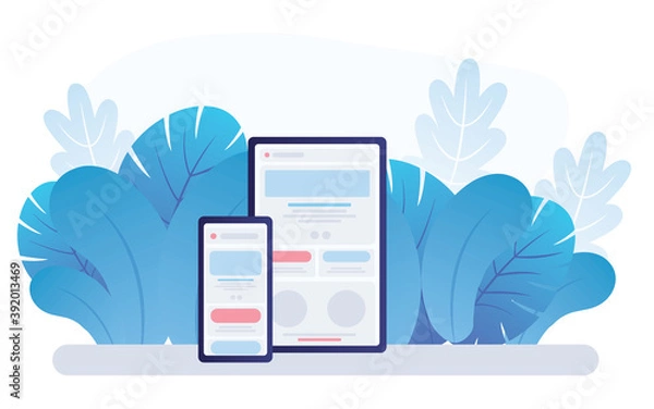 Fototapeta Adaptive programming icons set. Multi device development, software engineering. Responsive web design, The website is open on computer, laptop, tablet and smartphone. Flat vector /Icon illustration.