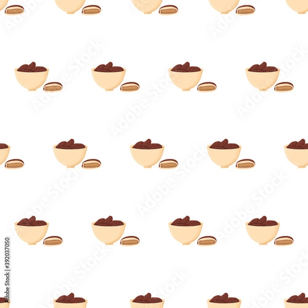 Obraz Half date fruit and bowl seamless pattern for fabric and print design. Vegetarian healthy food. Tropical backdrop. Textile ornament. Exotic oriental wallpaper.