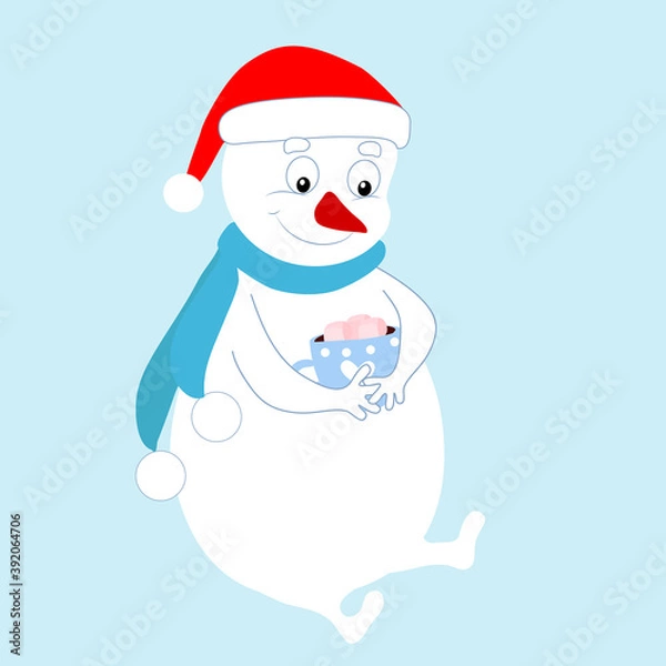 Fototapeta Cheerful funny snowman sits and holds a cup with hot chocolate and marshmallows. Cartoon winter character. Picture for Christmas cards, Christmas balls and holiday decor. The mood of joy and fun.