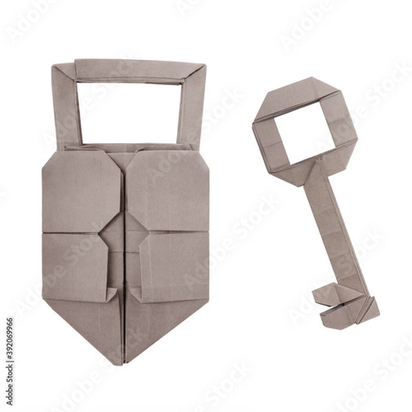 Fototapeta Origami paper padlock with key isolated on a white