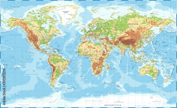 Fototapeta World Map - Physical Topographic -  Detailed Illustration