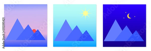 Fototapeta Vector morning, day, night icons. Isolated vector image. Icon of mountains during the day, morning, and night. The concept of the time of day