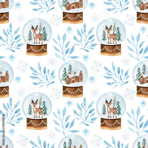 Obraz Christmas watercolor vector seamless pattern with snowball glob and branches