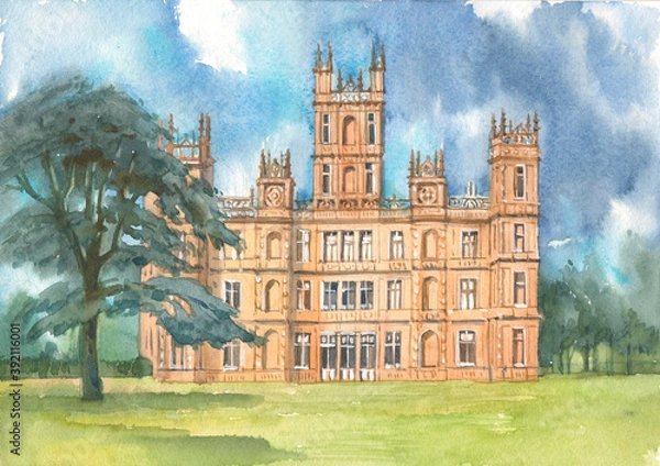 Fototapeta 17th century Highclere Castle, surrounded by a park, painted in watercolors.