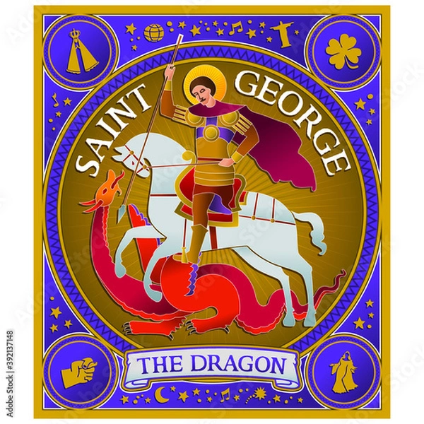 Fototapeta Colorful art of Saint George riding a horse and fighting the Dragon, in stylized way and lots of doodle drawing around him. Vector illustration.