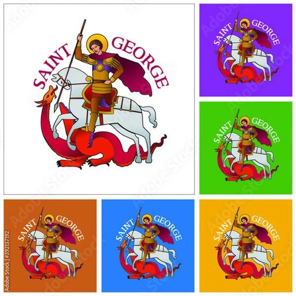 Fototapeta Set of colorful drawings of Saint George riding a horse and fighting the Dragon, in stylized way and several backgrounds. Vector illustration.