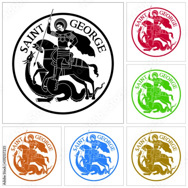 Fototapeta Set of colorful drawings of Saint George riding a horse and fighting the Dragon, in stylized way and white background. Vector illustration.