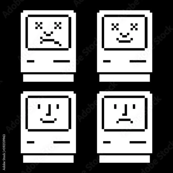 Fototapeta Set of computers with stylized faces of dead face on screen, a system crash symbol, and happy computer. Vector illustration.