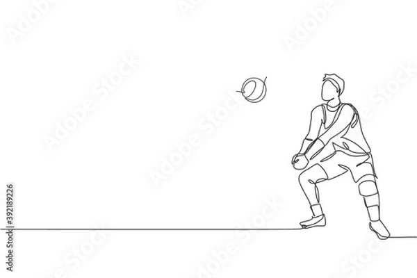 Fototapeta One continuous line drawing of young male professional volleyball player in action on court. Healthy competitive team sport concept. Dynamic single line draw design vector graphic illustration