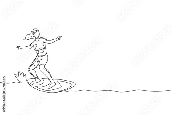Fototapeta One continuous line drawing young happy tourist surfer exercising surfing on wavy ocean. Healthy extreme watersport concept. Summer holiday. Dynamic single line draw design vector graphic illustration