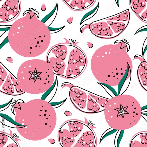 Fototapeta Vector seamless pattern of pomegranate. Juicy pink fruit on a white background with leaves. Design for printing, Wallpaper, fabric, textiles, banner. Simple style