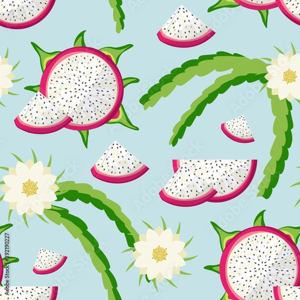 Fototapeta Vector seamless pitaya pattern. Dragon fruit on a light background. Bright juicy tropical fruits, leaves, flowers. Design for printing, Wallpaper, fabric, textiles, banner