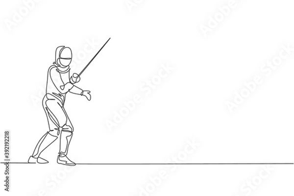 Fototapeta One single line drawing of young man fencer athlete in fencing costume exercising motion on sport arena vector illustration. Combative and fighting sport concept. Modern continuous line draw design