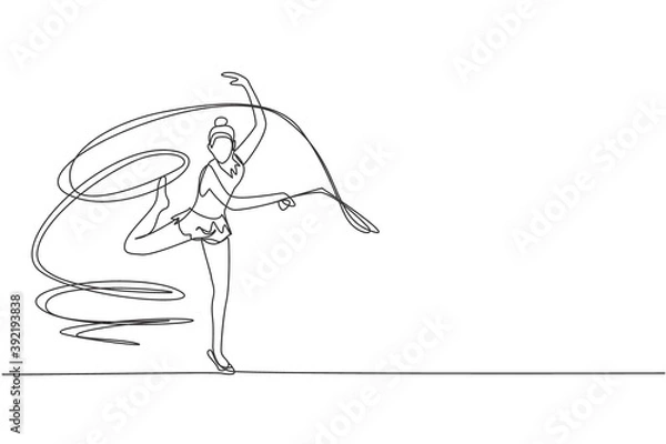 Obraz One single line drawing young beauty gymnast girl exercising rhythmic gymnastics with ribbon graphic vector illustration. Healthy teen lifestyle and sport concept. Modern continuous line draw design