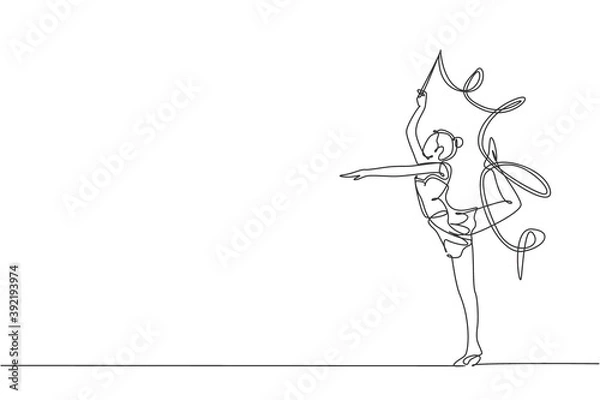 Fototapeta One single line drawing young beauty gymnast girl exercising rhythmic gymnastics with ribbon vector illustration graphic. Healthy teen lifestyle and sport concept. Modern continuous line draw design