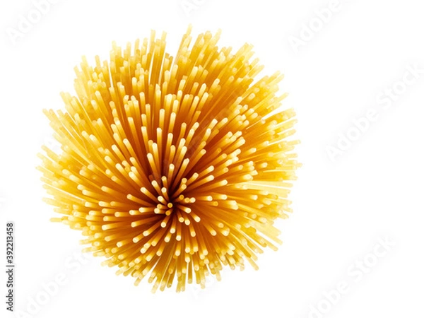 Fototapeta The bundle of spaghetti is isolated on a white background. a top view.