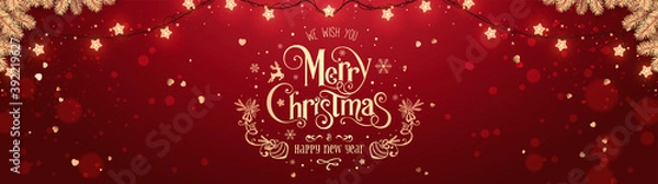 Fototapeta Złoty napis Boże Narodzenie i nowy rok na czerwonym tle Xmas z brokatem złotym konfetti, bokeh, złotymi gałęziami jodły i świecącą girlandą światła. Wesołych Świąt Bożego Narodzenia. Ilustracja wektorowa, baner