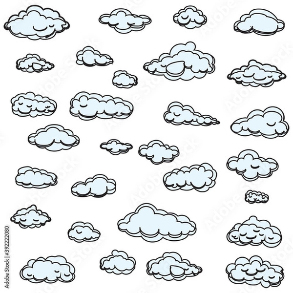 Fototapeta White cartoon clouds set isolated on white background. Collection of different cartoon clouds for background template, wallpaper and sky design. Cartoon clouds vector. Sky illustration