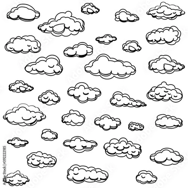 Fototapeta White cartoon clouds set isolated on white background. Collection of different cartoon clouds for background template, wallpaper and sky design. Cartoon clouds vector. Sky illustration