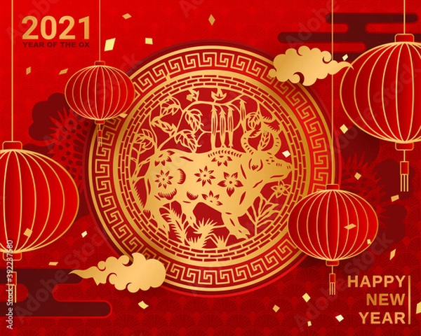 Fototapeta Happy Chinese Lunar New Year of ox! Happy New Year 2020. Paper cutting, china red round lantern and Flowers on red background
