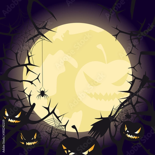 Obraz Halloween background with full moon, evil pumpkins and sinister branches. Vector illustration.