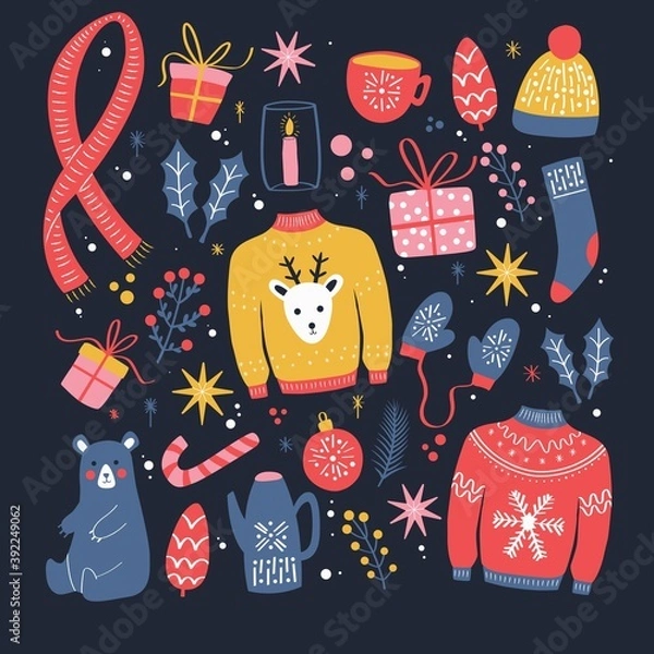 Fototapeta Collection of new year and christmas elements. Traditional winter holiday decoration, clothes, gifts and animals, isolated. Colorful vector illustration