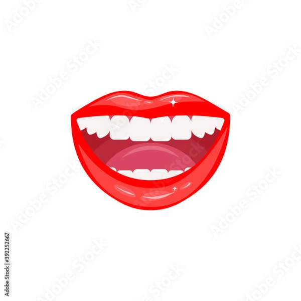 Obraz Open smiling female mouth with healthy white teeth. Close-up of red glowing sensual lips. Dental health care. Lip makeup. Vector illustration isolated on a white background