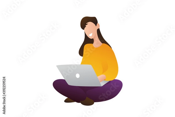 Fototapeta Female character is sitting cross-legged with a laptop on a white background. A young girl sits in a lotus position and works at the computer. Isolated man working remotely online training.