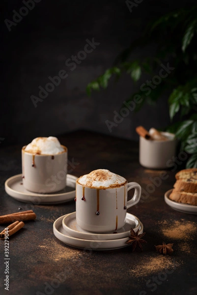 Obraz Hot winter cappuccino with cinnamon and caramel
