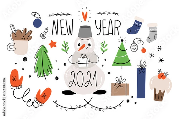 Obraz New year's set of isolates. Christmas trees, snowman, gifts, sweets, cocoa, Christmas decorations, mittens, socks and lettering. Doodle style