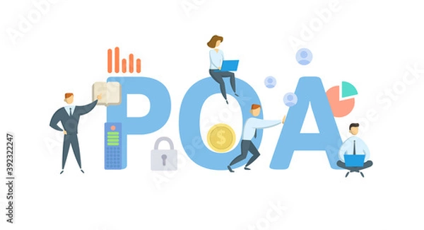 Fototapeta POA, Power of Attorney. Concept with keywords, people and icons. Flat vector illustration. Isolated on white background.