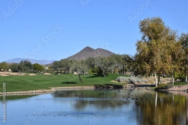 Obraz Scenic view of a golf course in Peoria Arizona with mountain in the background