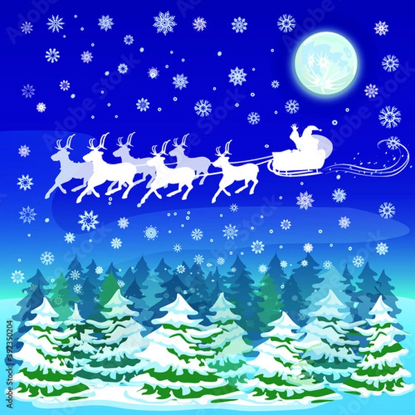 Fototapeta santa claus on a sleigh,  and reindeer