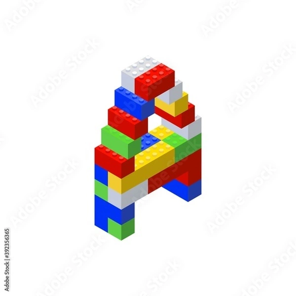 Fototapeta Isometric font made from color plastic blocks. The childrens designer. Letter A. Vector illustration