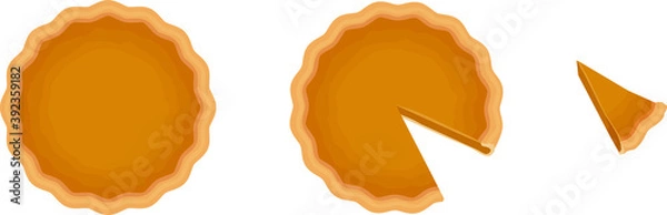 Obraz Whole pumpkin pie, pie with a slice missing, and pie slice. Vector illustrations isolated on white background.