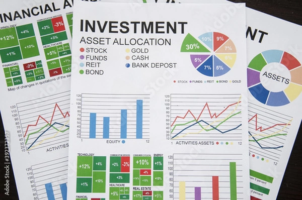 Fototapeta Investment in stocks for a long time. Distribution of risks. Development of portfolio diversification. Time is money. Asset placement. Comfortable future, success, dignified old age
